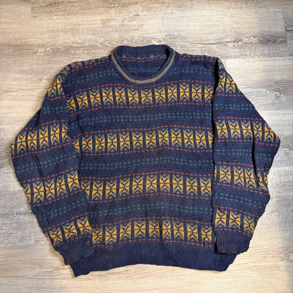 Vintage Fair Isle Navy Blue Geometric Knit Crewneck Sweater Mens Large